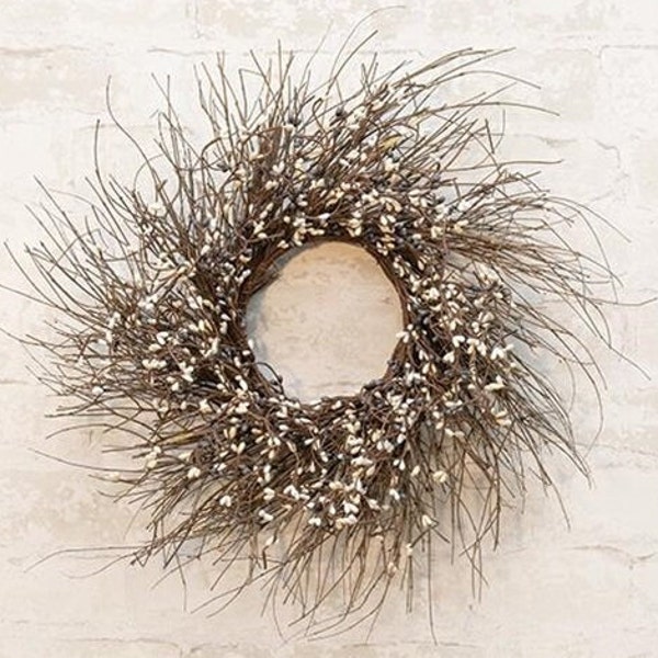 22" Gray White Cream Pip Berry and Twig Wreath/Candle Ring