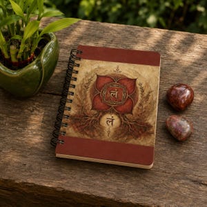 Puede incluir: Un cuaderno de espiral con cubierta de color rojo oscuro y una ilustración central de una flor de loto roja de cuatro pétalos con un cuadrado y el carácter sánscrito Lam en su interior. El diseño incluye raíces sobre fondo beige.