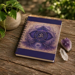 May include: A spiral-bound notebook with a dark blue cover featuring a central illustration of a purple lotus flower and the Om symbol. The design includes intricate botanical details and a soft, textured background. The notebook is rectangular.