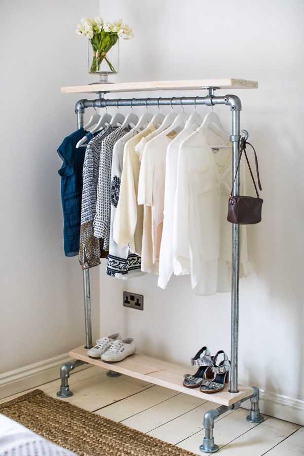 White Wash Clothes Rail with Bottom Shelf