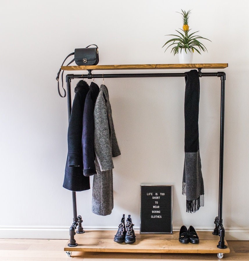 Black Industrial Style Clothes Rail With Reclaimed Wooden Shelves Etsy UK