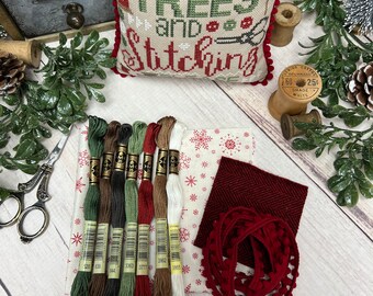 Christmas Trees and Stitching Please by Lindsey Weight of Primrose Cottage  Select Option Floss Pack FP-121 or Finishing Kit FK-121