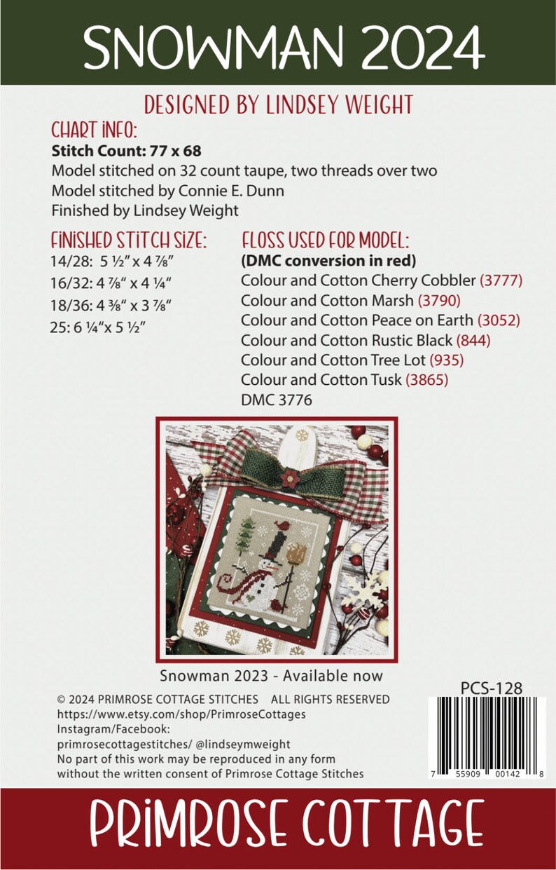 Snowman 2024 Finishing Kit By Lindsey Weight of Primrose Cottage FK-128 image 3