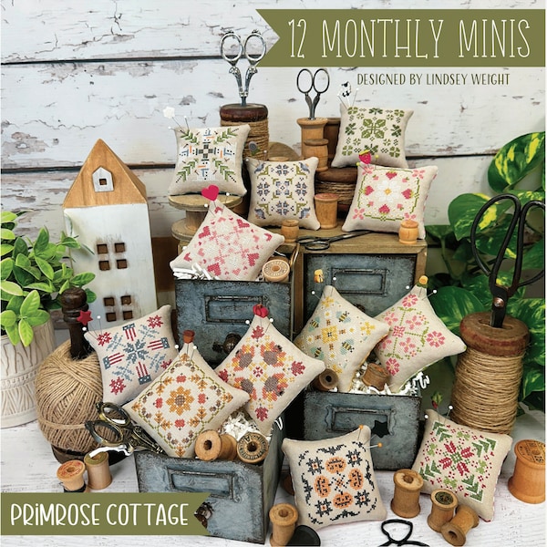 12 Monthly Minis Cross Stitch Booklet by Lindsey Weight of Primrose Cottage - PAPER Pattern PCS-129