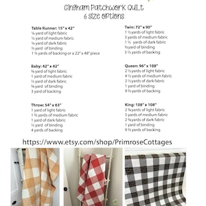 May include: A gingham patchwork quilt pattern with six different size options: table runner, baby, throw, twin, queen, and king. The image shows three different color combinations of the quilt: orange and white, red and white, and black and white. The text "Primrose Cottage Quilts" is at the top of the image. The text "https://www.etsy.com/shop/PrimroseCottages" is in the middle of the image. The text "@PrimroseCottageQuilts (Tag us!!)" is at the bottom of the image.