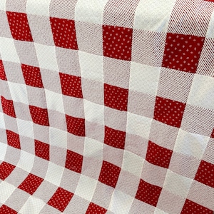 May include: Red and white checkered fabric with a subtle pattern of small white flowers on the red squares.