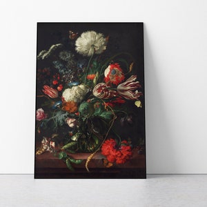 Black Floral Art Poster, Dark Flower Print, Dutch Floral Wall Art, Large Classic Art Reproduction, Painting Poster