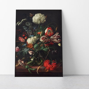 Black Floral Art Poster, Dark Flower Print, Dutch Floral Wall Art, Large Classic Art Reproduktion, Painting Poster