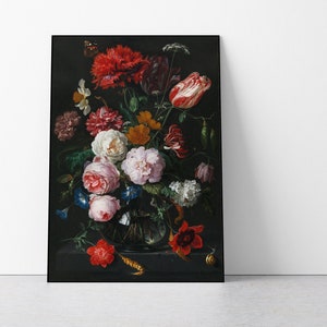 Dutch Flower Painting Print, Dark Floral Art Poster, Black Background Floral Art Print, Classic Art Reproduction