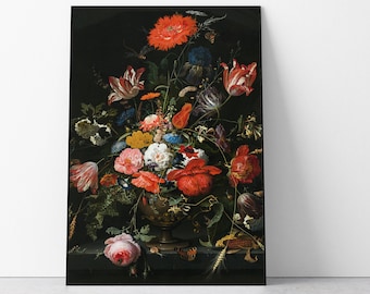 Black Background Floral Art Poster, Dutch Flower Painting Print, Large Floral Poster, Antique Art Poster, Dark Botanical Art, Above Bed Art