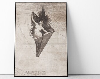 Affiche d'Arachne, impression de gravure antique, art mural gothique, impression d'art macabre, esthétique de sorcière, impression de mythologie grecque
