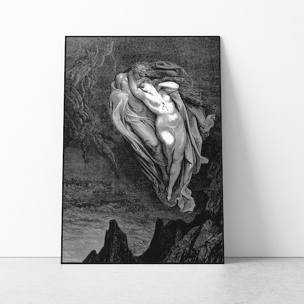 Gustave Dore Print, Paolo e Francesca Illustrazione, Divina Commedia Arte Poster, Arte Muro Scuro, Incisione Poster