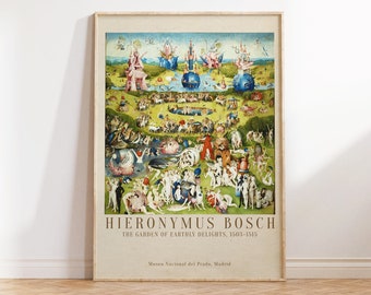 May include: A framed poster of Hieronymus Bosch's "The Garden of Earthly Delights" painting. The painting depicts a fantastical landscape with many figures and creatures. The poster includes the title of the painting, the artist's name, and the museum where it is located.