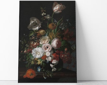 Fleurs sur fond noir Impression d’art, Grande affiche de nature morte florale hollandaise foncée