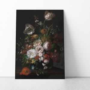 Impressão artística de flores em fundo preto, pôster grande de natureza morta floral holandesa escura