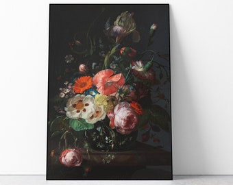 Dark Floral Art Print, Dutch Still Life with Flowers on Black Background Poster (en)