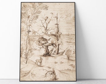 Pode incluir: Um desenho a pena e tinta preto e branco de uma paisagem fantástica com uma árvore crescendo de um chapéu grande, um barco e um veado. O desenho é de estilo vintage.