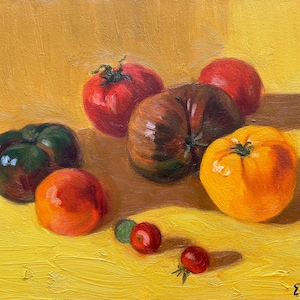 Original Oil Painting, Small Still life with tomatoes on yellow background