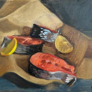 Original Oil Painting, Still life with salmon, Oil on canvas