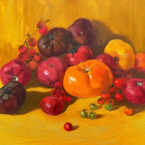 Original Oil Painting, Still life with tomatoes on yellow background