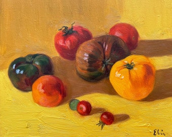 Original Oil Painting, Small Still life with tomatoes on yellow background