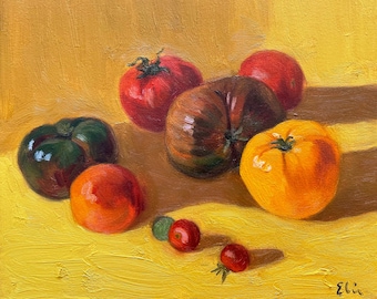 Original Oil Painting, Small Still life with tomatoes on yellow background