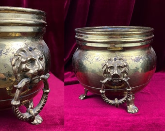Antique Footed Brass Planter with lion handles, Jardiniere Pot, Victorian flower pot, Gold planter