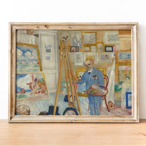 May include: A framed painting depicting a skeletal figure in a blue suit, painting in a studio. The studio is filled with framed artwork and an easel. The painting has a light-colored wooden frame.
