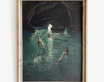 Impresión artística de Pescador y sirenas en la Gruta Azul de Capri, Impresión de Bellas Artes