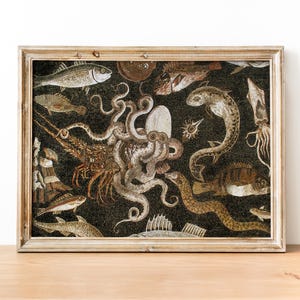 May include: A framed mosaic artwork depicting a variety of sea creatures, including an octopus, a lobster, a fish, and a squid. The mosaic is set against a black background and features a variety of colors, including brown, white, and black.