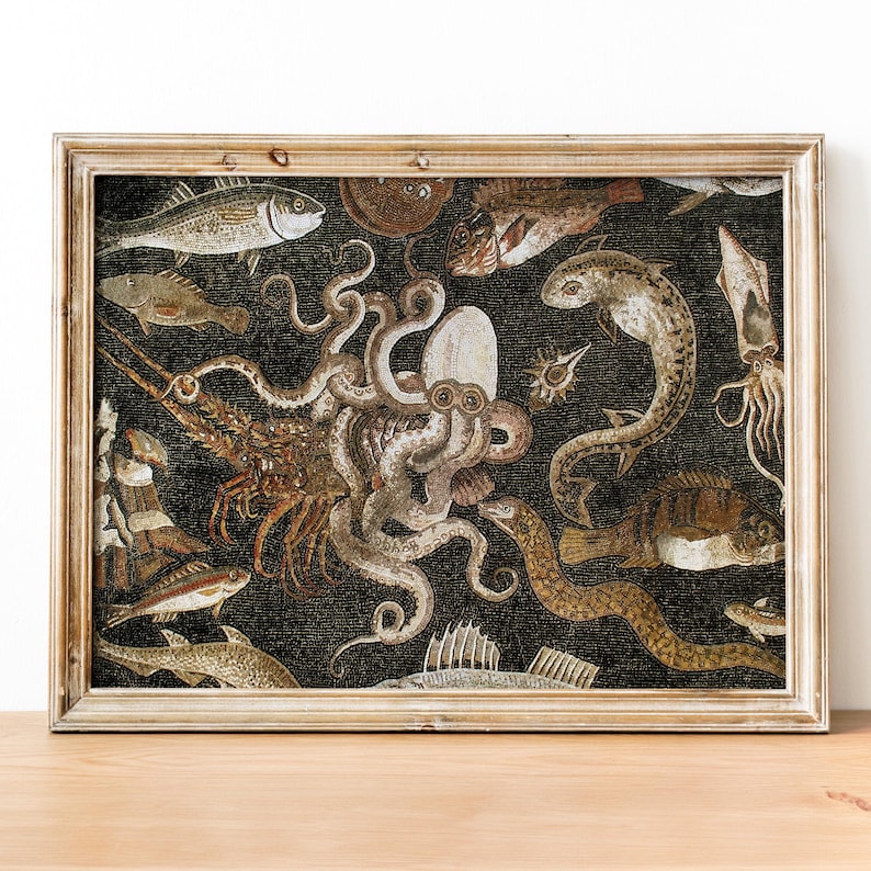 May include: A framed mosaic artwork depicting a variety of sea creatures, including an octopus, a lobster, a fish, and a squid. The mosaic is set against a black background and features a variety of colors, including brown, white, and black.