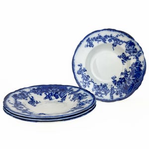 Set of 4 Antique 19th century WEDGWOOD Flow Blue soup plates, Semi-porcelain plates