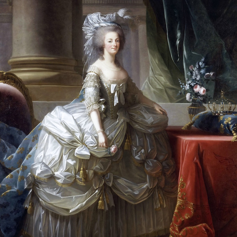 May include: A portrait painting of a woman in a white dress with a large white headpiece. She is holding a single pink rose in her right hand. The painting is set against a dark green background with a red table and a gold crown in the background.