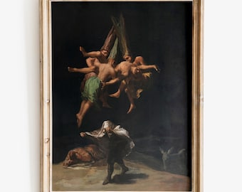 Könnte beinhalten: Antikes gerahmtes Gemälde mit dunklem Hintergrund. Das Kunstwerk zeigt mehrere nackte Figuren in Bewegung, einige schweben. Eine Figur in weißer Robe steht im Vordergrund, eine andere liegt am Boden. Der Rahmen ist aus hellem, verwittertem Holz.