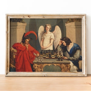 May include: A painting depicting a chess game between two men, with an angel figure standing above the chessboard. The man on the left wears a red robe and a feathered hat, while the man on the right wears a blue and gold robe. The angel has wings and a white robe.