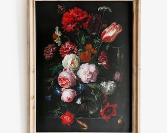 Puede incluir: Una pintura al óleo enmarcada que representa una naturaleza muerta con un jarrón lleno de una variedad de flores coloridas, incluyendo flores rojas, rosas, blancas y amarillas. Las flores están dispuestas en un estilo suelto y natural, y el jarrón se coloca sobre un fondo oscuro.