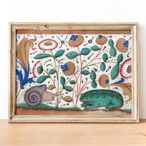 Medieval Snail and Frog Art Print, Medieval weird art, Medieval marginalia