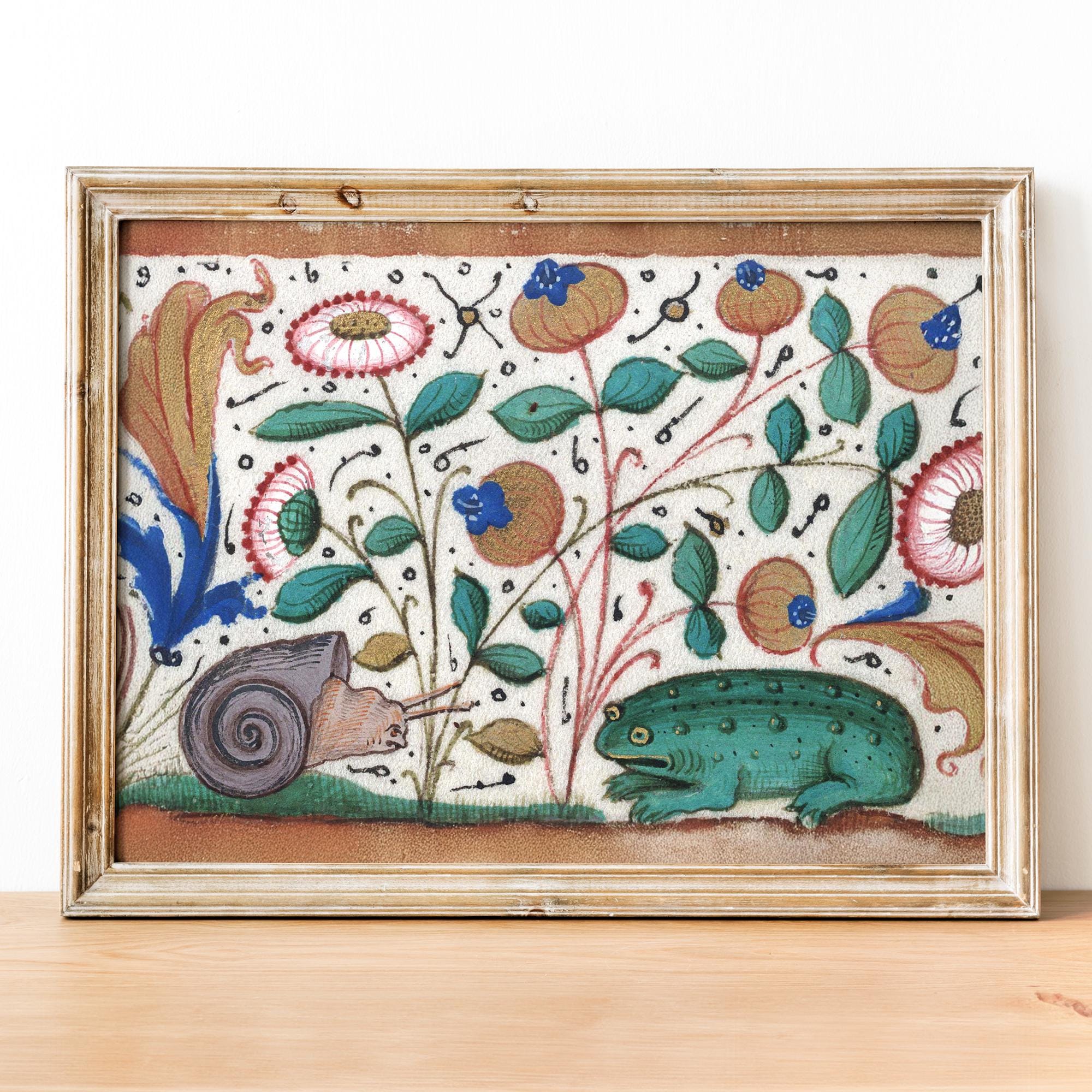 Medieval Snail and Frog Art Print, Medieval weird art, Medieval marginalia