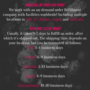 May include: Dark background with floral accents and white text. The text provides information about order fulfillment, including shipping locations in the USA, EU, Mexico, Japan, and Australia. It also details estimated shipping times.