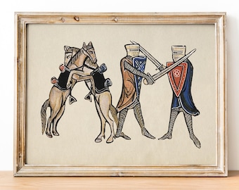 Weird Medieval Knights and Horses Art Print, Medieval marginalia