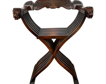 Chaise Savonarole ancienne, décoration d'intérieur Renaissance florentine, fauteuil en bois sculpté