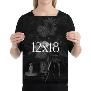 May include: Black and white print of a still life featuring a vase of flowers, a small statue, and the text "12x18".