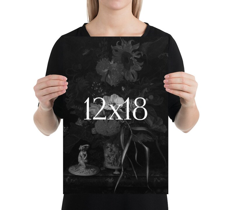 May include: Black and white print of a still life featuring a vase of flowers, a small statue, and the text "12x18".