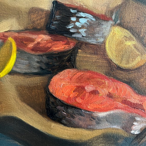 オリジナル油絵、鮭の静物画、キャンバスに油彩 - Etsy 日本