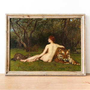 May include: A painting of a nude woman reclining in a forest setting. She is resting her arm on a large tiger, while a smaller feline sits in the foreground. The woman has long red hair and is looking to the left of the frame. The painting is done in a realistic style with warm colors.