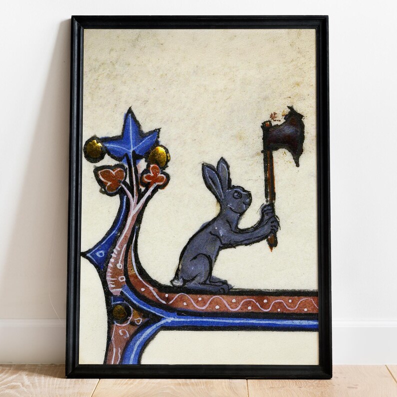 May include: A medieval illustration of a blue rabbit holding an axe, set against a white background with a blue and red floral design.