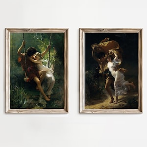 May include: Two framed art prints. The left print depicts a couple on a swing in a forest, while the right print shows a couple dancing. Both prints have a vintage aesthetic with a wooden frame.