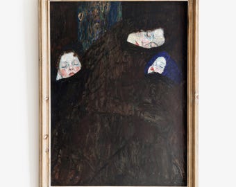 May include: A framed oil painting depicting three people sleeping. The painting is done in a dark palette with the figures' faces highlighted in white. The figures are a woman and two children.