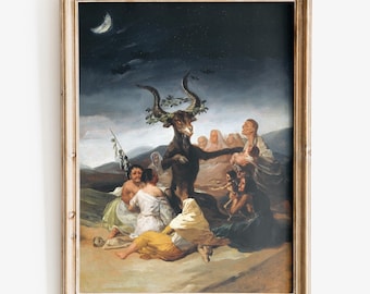 May include: Framed print of a dark, dramatic painting. A goat-like figure with large horns and a laurel wreath stands before a group of figures. The background features a dark sky with a crescent moon and a landscape.