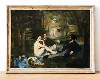 May include: A framed painting depicting a group of people in a forest setting. The painting features a nude woman sitting on the ground, a man in a dark suit, and another man in a dark coat. The woman is looking at the viewer, while the men are looking at each other. The painting is set against a backdrop of trees and foliage.